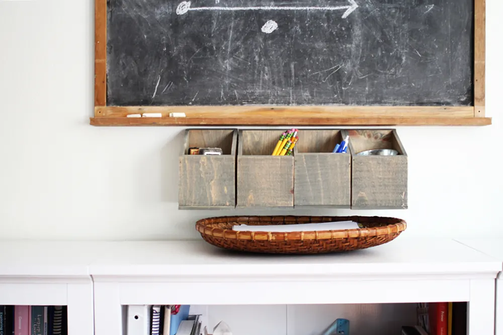 Wall mounted wood bins for organizing homeschool supplies