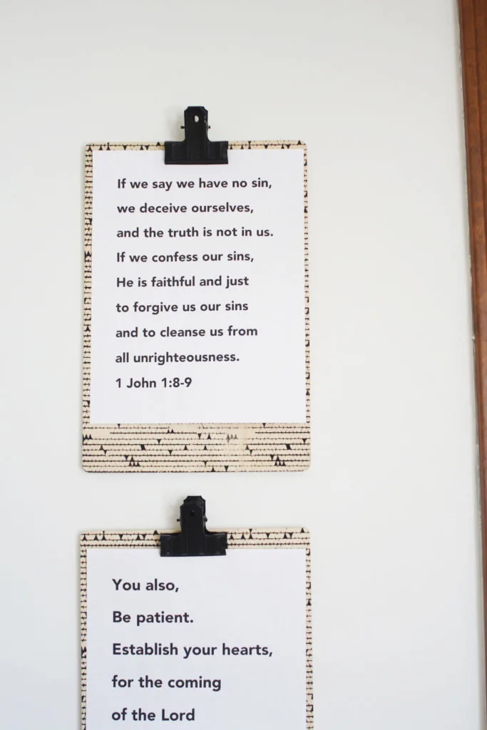 Wall mounted clipboard for homeschool lessons - displaying Bible memory verses