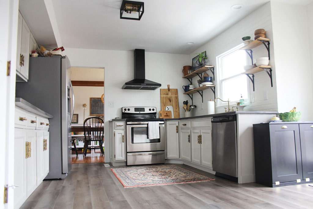 Kitchen After Modern Cottage Remodel, Mindful Gray Cabinets and Laminate Floors, by Craftivity Designs