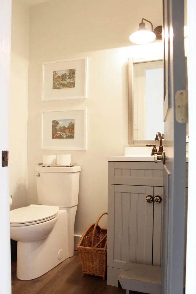 Simple, Neutral Bathroom with Gray Vanity and Gray Door