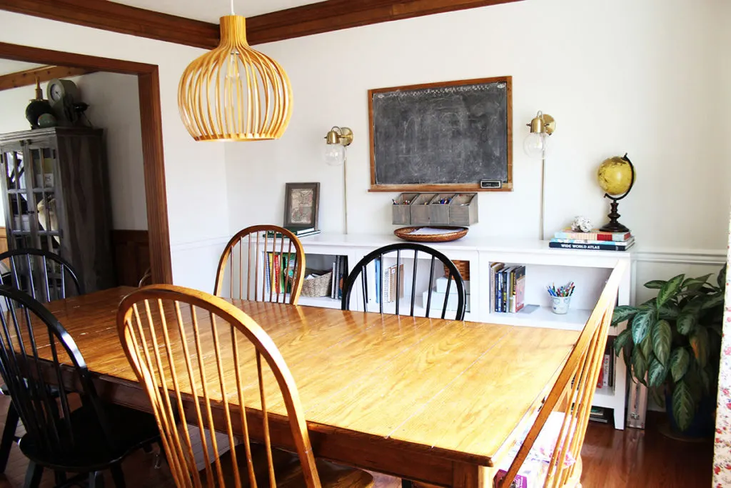 Dining Room and Homeschool Room, with White Shelves and Chalkboard