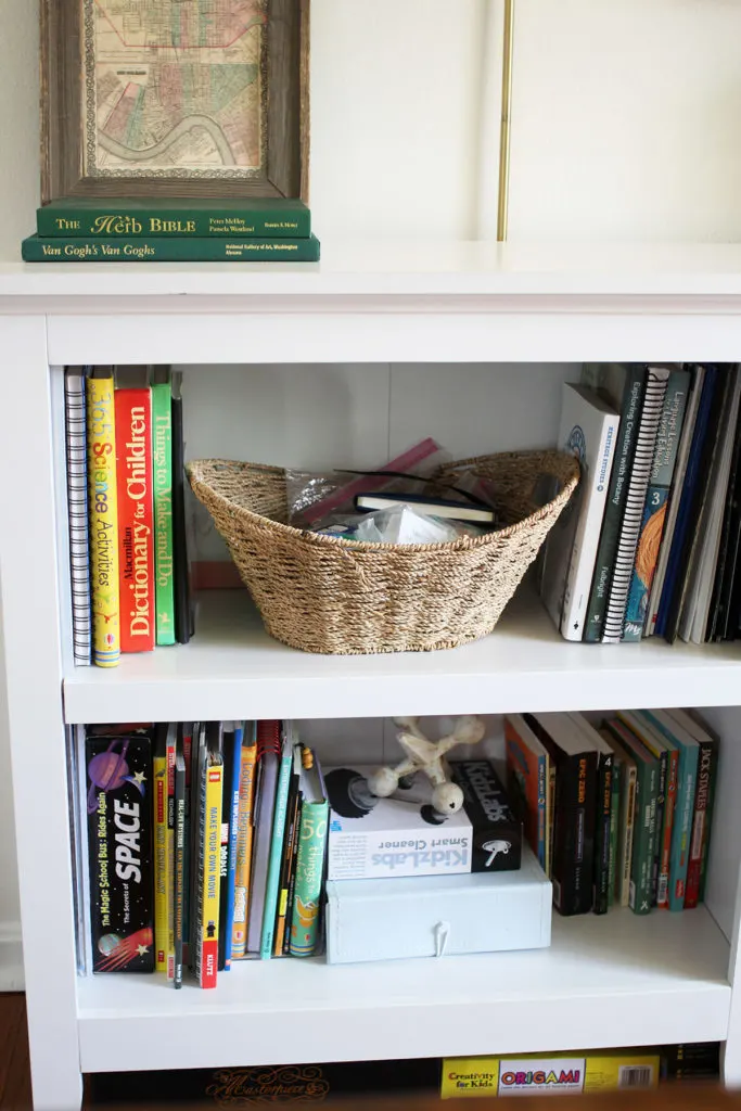 White bookshelves for homeschool organization
