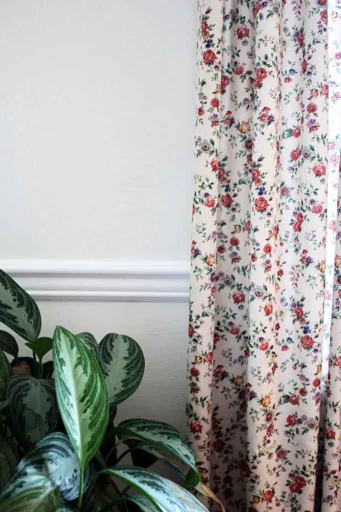 Floral Curtain, White Trim, White Walls, and Plant in a Dining Room