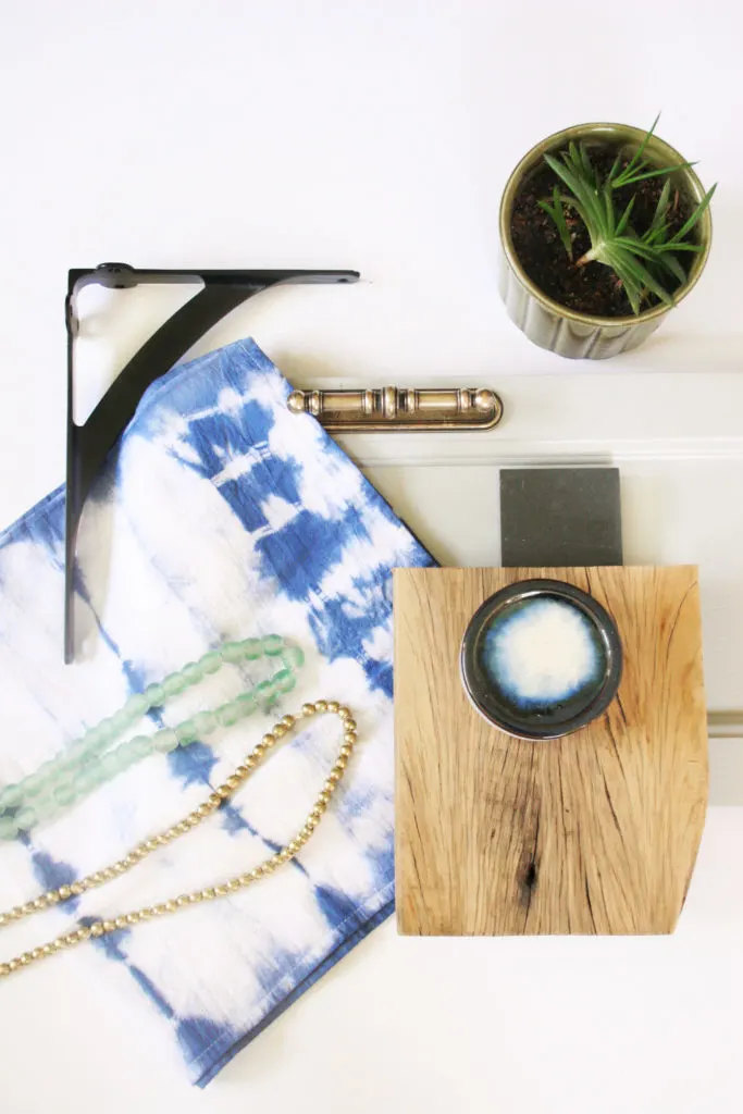 Kitchen Remodel Mood Board with Mindful Gray Cabinet Door, Brass Hardware, Quartz Countertop, Iron Shelf Supports, Shibori Textiles