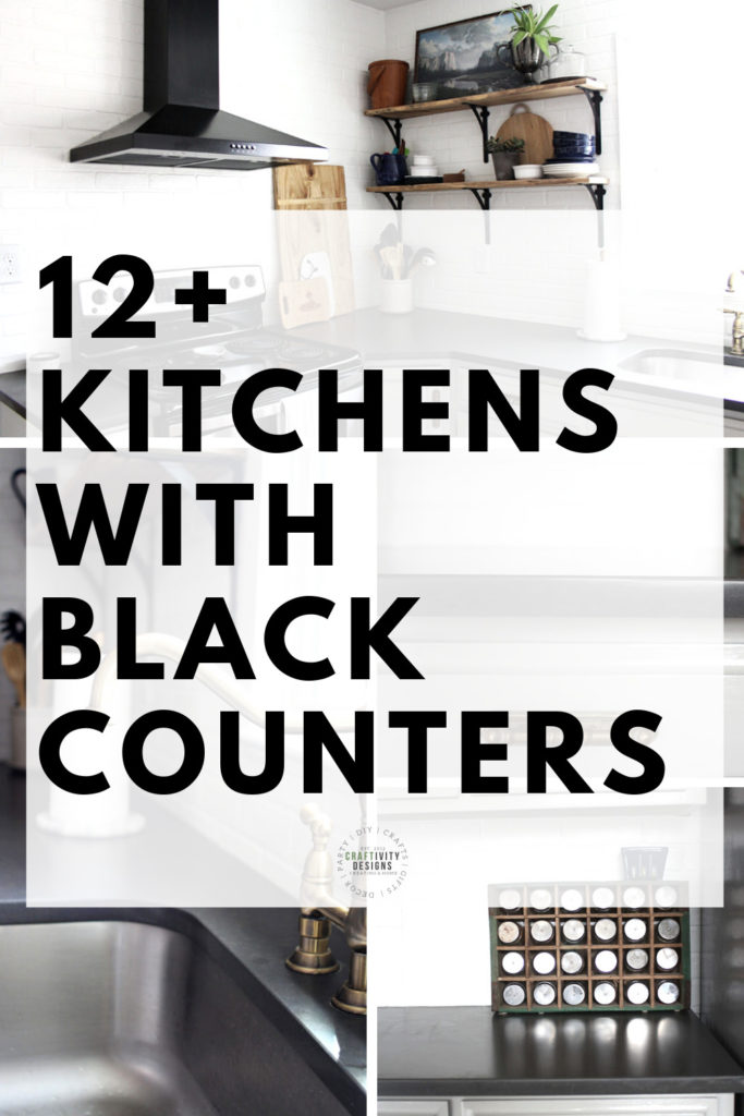 4 Photos of Black Kitchen Counters - Text Overlay: 12+ Examples of Kitchens with Black Counters