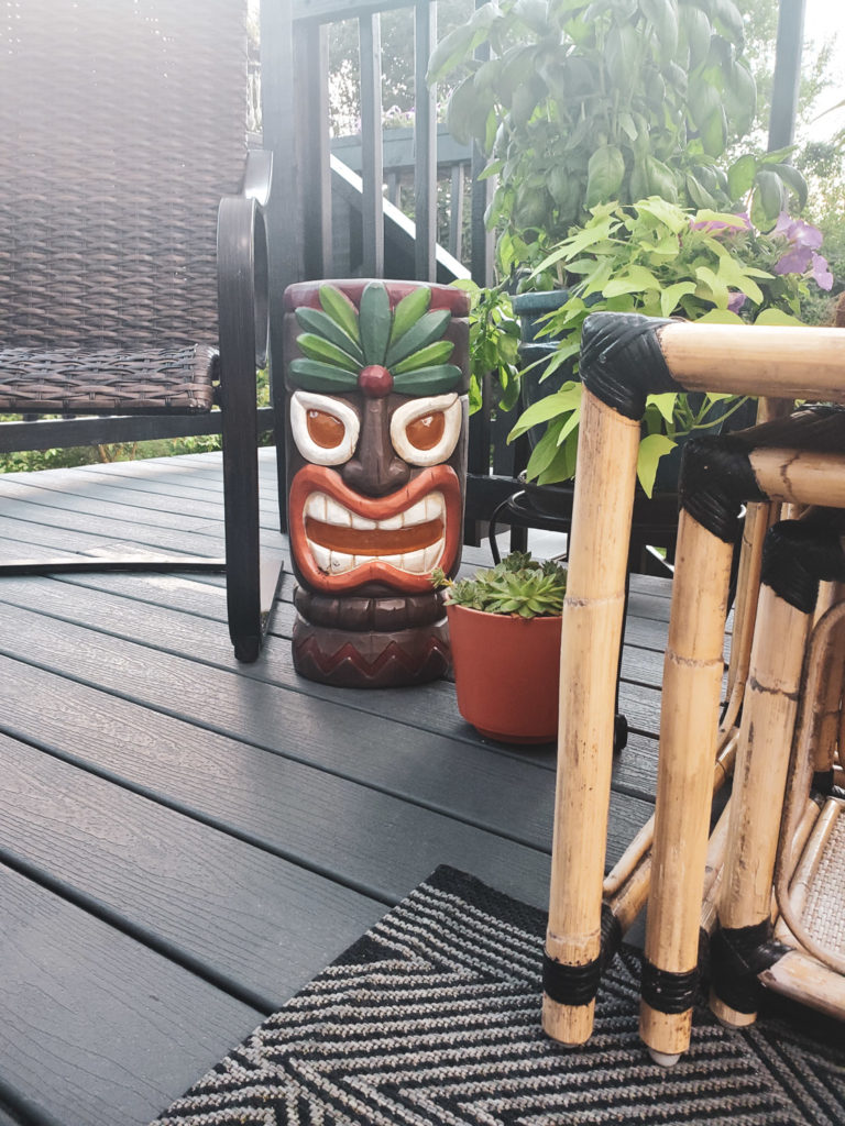 Tiki Deck Decor including Tiki Statue, Succulents, and Bamboo Furniture Rattan Furniture