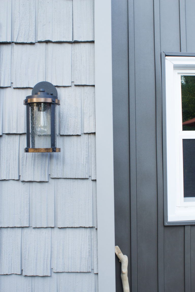 shake siding exterior renovation, gray shake, dark gray vertical siding