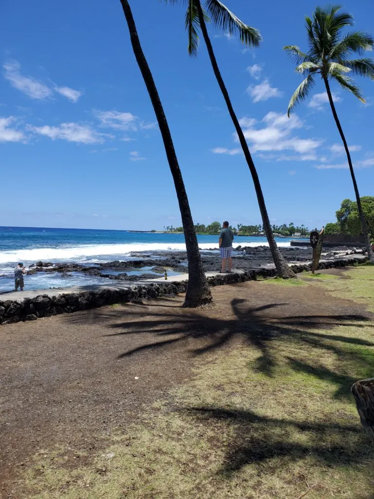 Hale Halawai Park in Kailua Kona with palm trees, stone walls, lava rock, and crashing waves.
