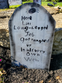 tombstone saying - here lies long legged jeb got tangled up in his very own web