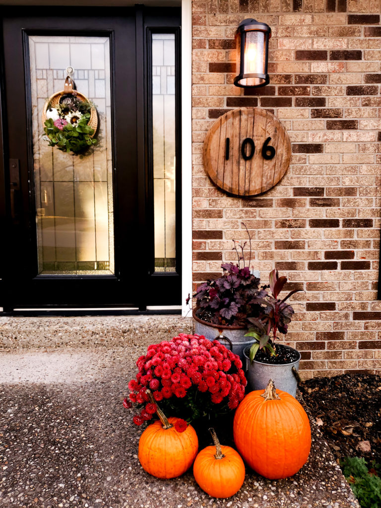 Fall Porch Decor with Pink and Purple Mums