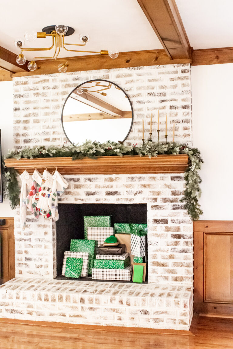 living room light idea, semi flush mount for dark living room with low 8 foot ceilings, german schmear brick fireplace decorated for Christmas