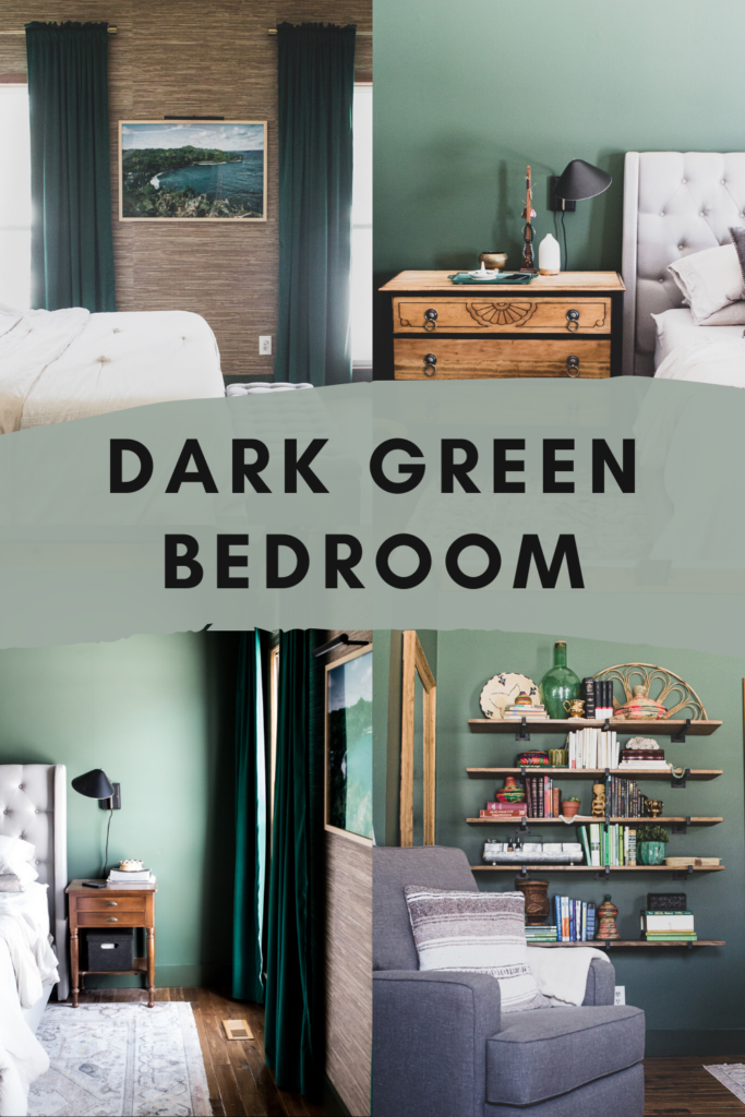 dark green bedroom walls with neutral gray and wood furniture