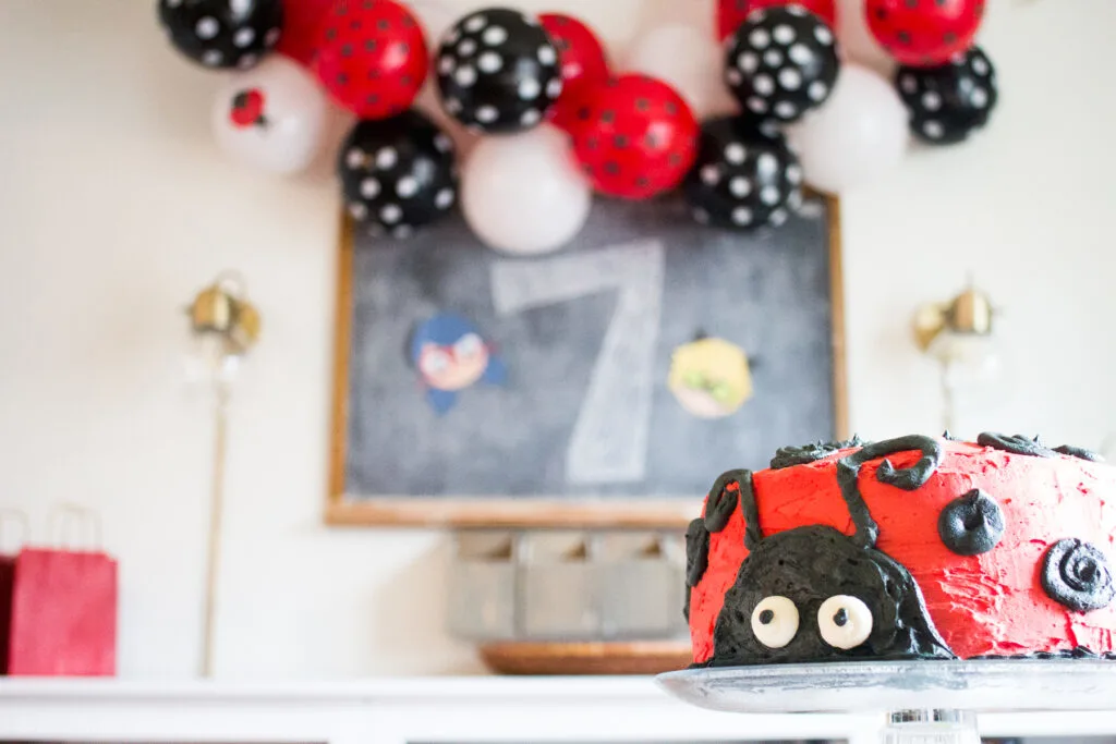Ladybug and Cat Noir Birthday Party - Easy Party Decorations with Ladybug Cake and Balloon Banner