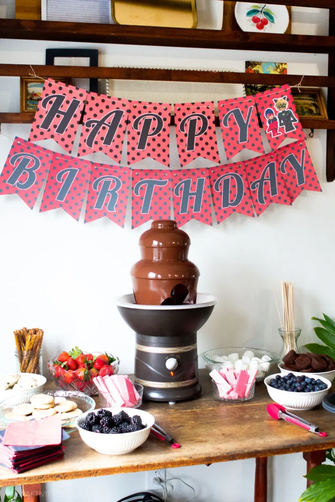 Miraculous Ladybug Birthday Party - Easy Party Decorations with Banner and Chocolate Fountain
