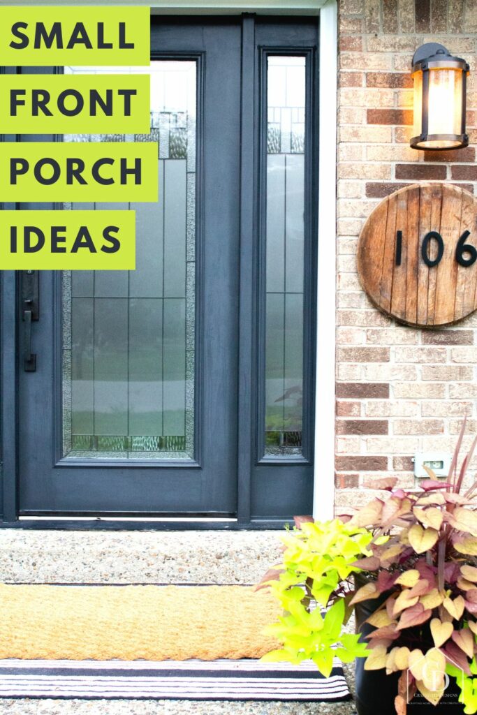 small front porch ideas, black door, modern house numbers, layered rug