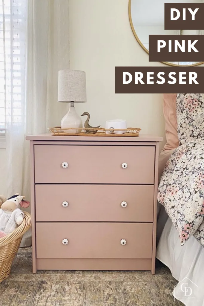 pink dresser as a nightstand in a girl's bedroom