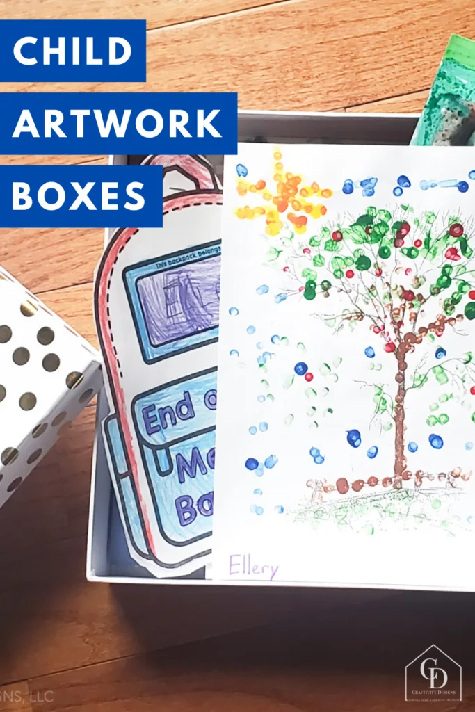 Artwork box for storing a child's art and craft projects.