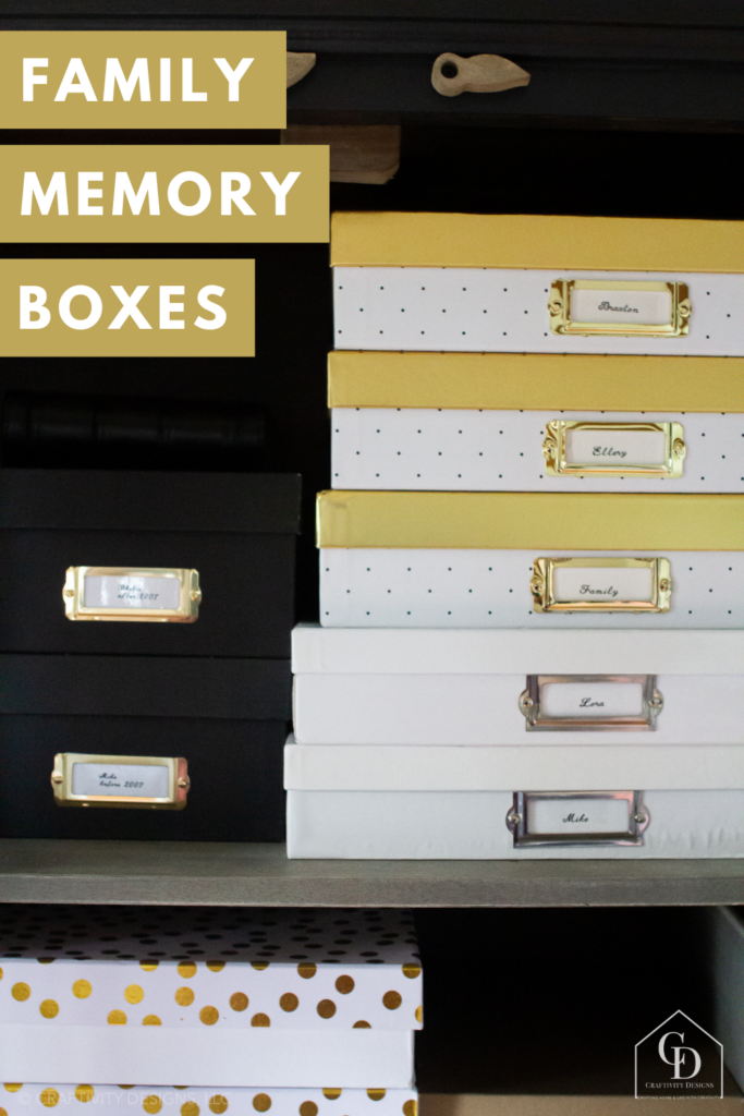 Family memory boxes for keepsakes, mementos, photos, and more! (Sports photos, Family Christmas cards, vacation souvenirs, awards, report cards, and more).