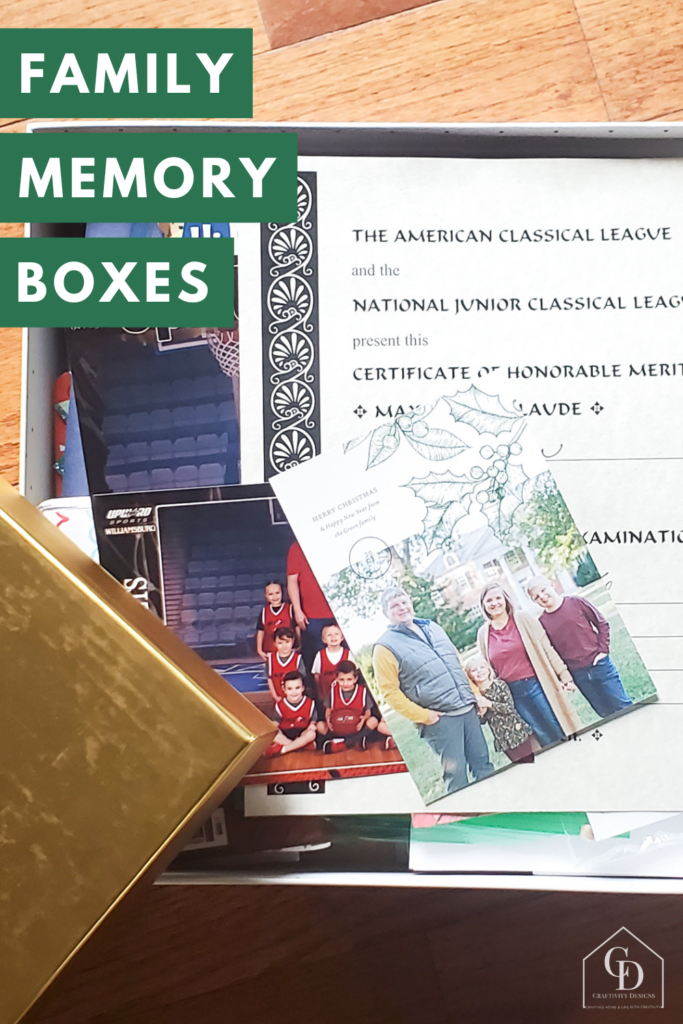 Family memory boxes for keepsakes, mementos, photos, and more! (Sports photos, Family Christmas cards, vacation souvenirs, awards, report cards, and more).