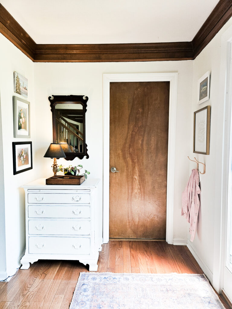 Wood Stained Door with White Trim Door Frame