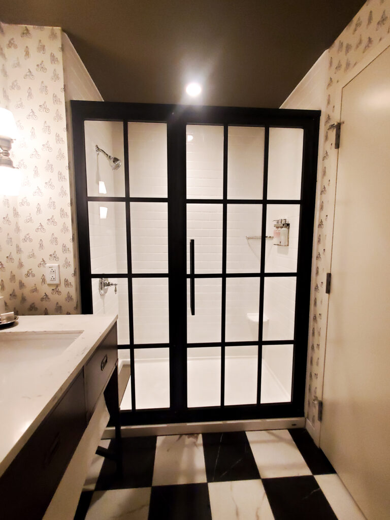 black and white guest room bath graduate bloomington review