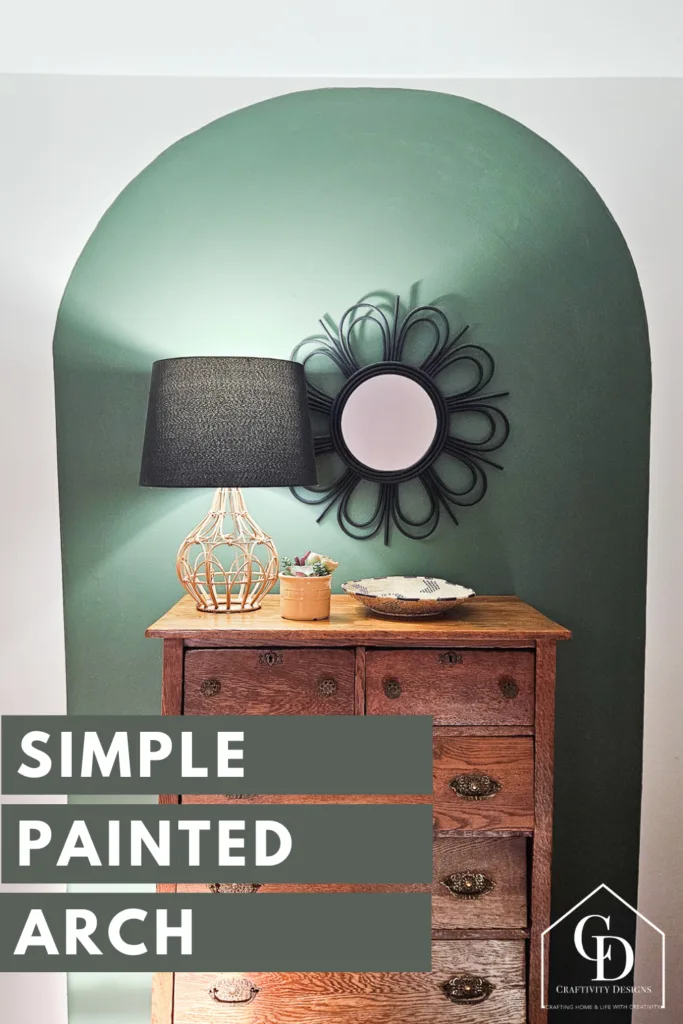simple painted arch tutorial for an accent wall, antique oak dresser in front of a dark green painted arch